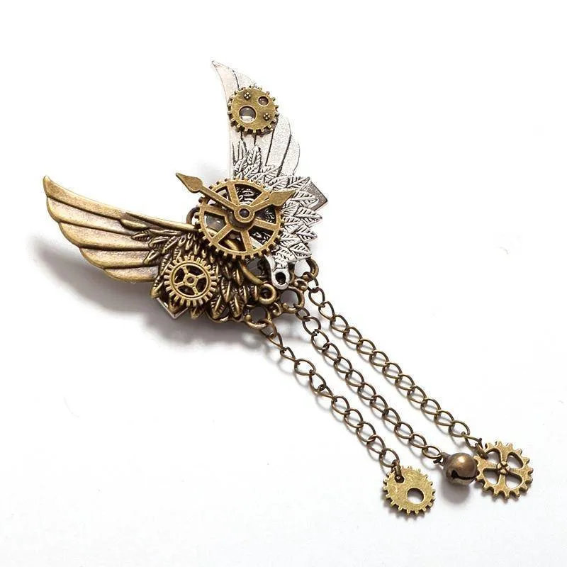 Steampunk Gear Wings Hair Clip women pin Gothic in Gold brass antique color