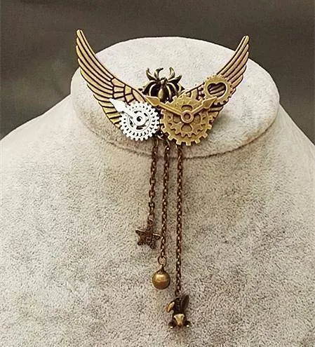 Steampunk Gear Wings Hair Clip women pin Gothic in Gold brass antique color