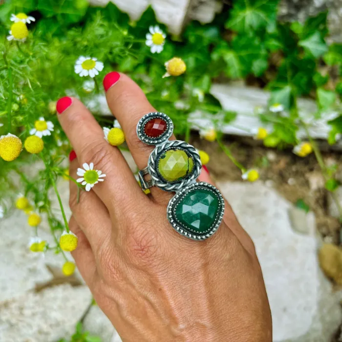 Sterling Silver Hubei Carnelian Serpentine Adjustable Ring # Y