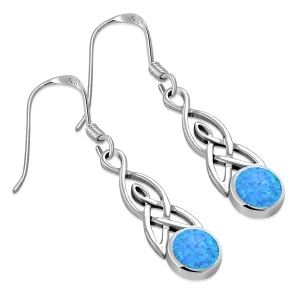 Synthetic Blue Opal Celtic Trinity Knot Silver Earrings