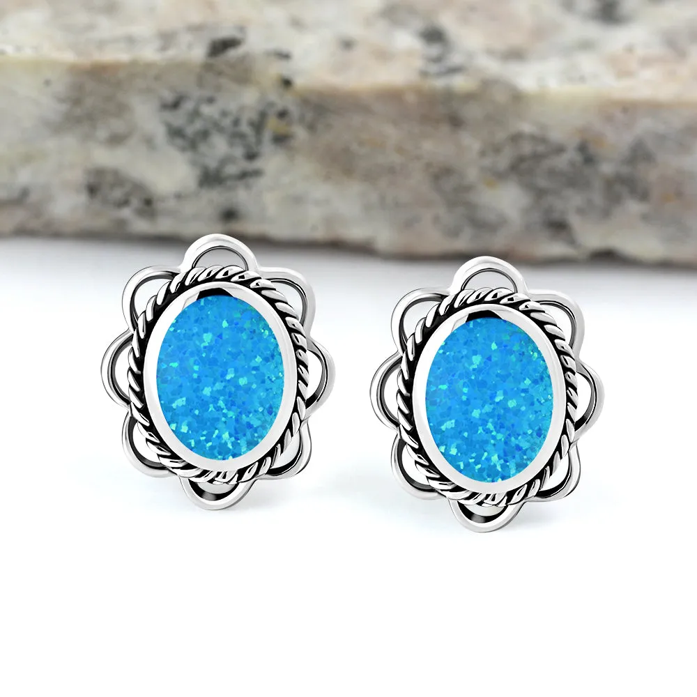 Synthetic Blue Opal Oval Stud Silver Earrings