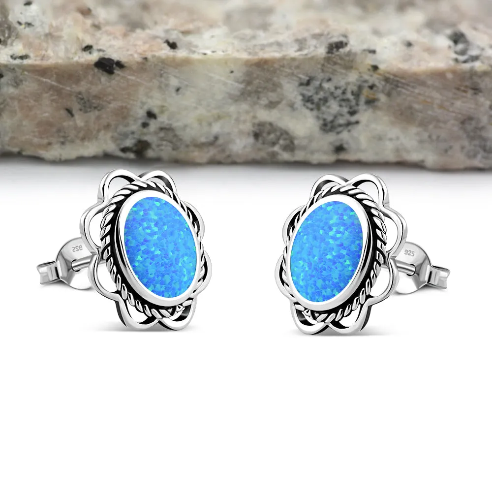 Synthetic Blue Opal Oval Stud Silver Earrings