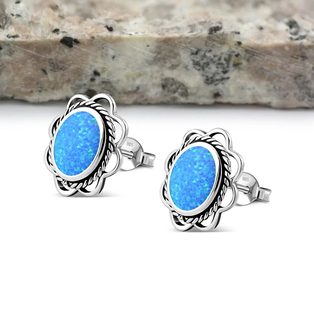 Synthetic Blue Opal Oval Stud Silver Earrings