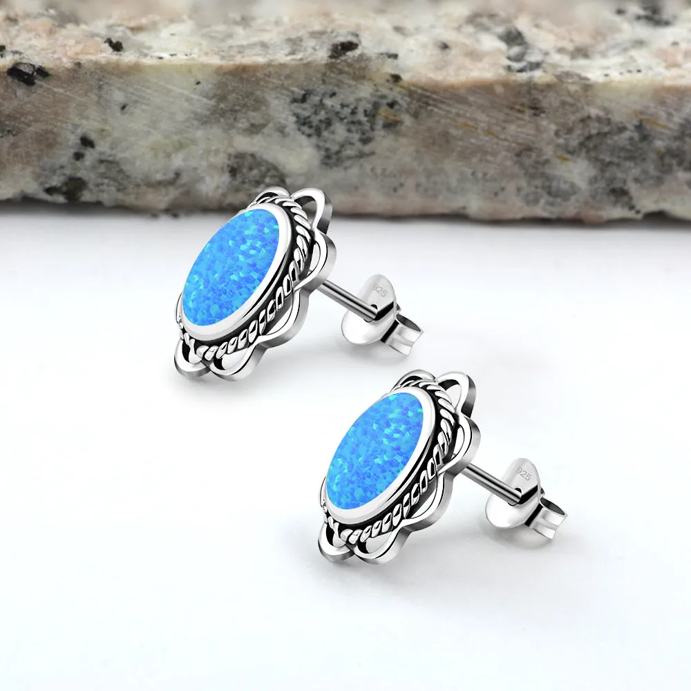 Synthetic Blue Opal Oval Stud Silver Earrings