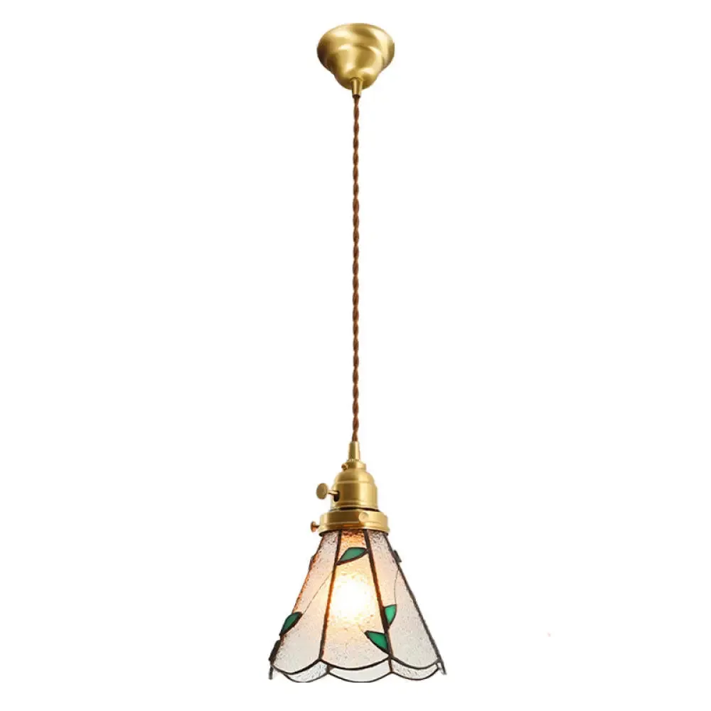 Tiffany Stained Glass Shade Mini Pendant Lamp with Brass Finish for Bedroom - 63" Hanging Wire Included