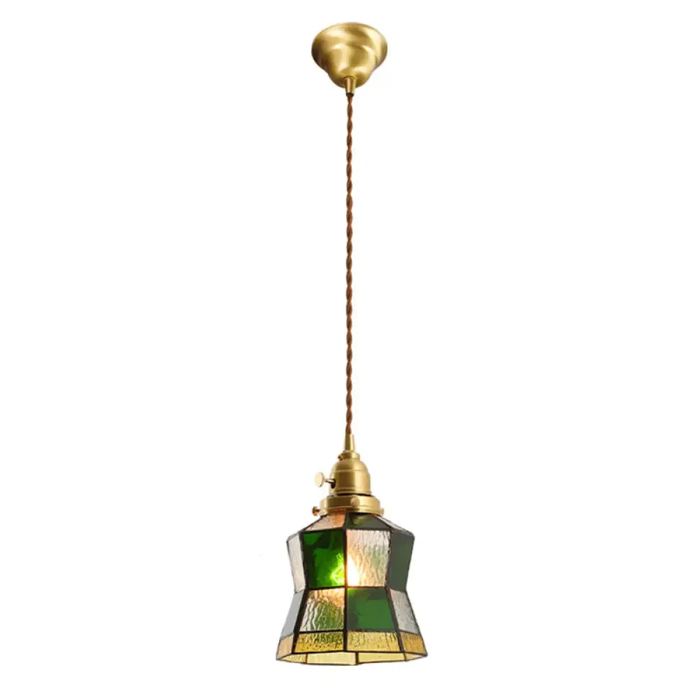 Tiffany Stained Glass Shade Mini Pendant Lamp with Brass Finish for Bedroom - 63" Hanging Wire Included