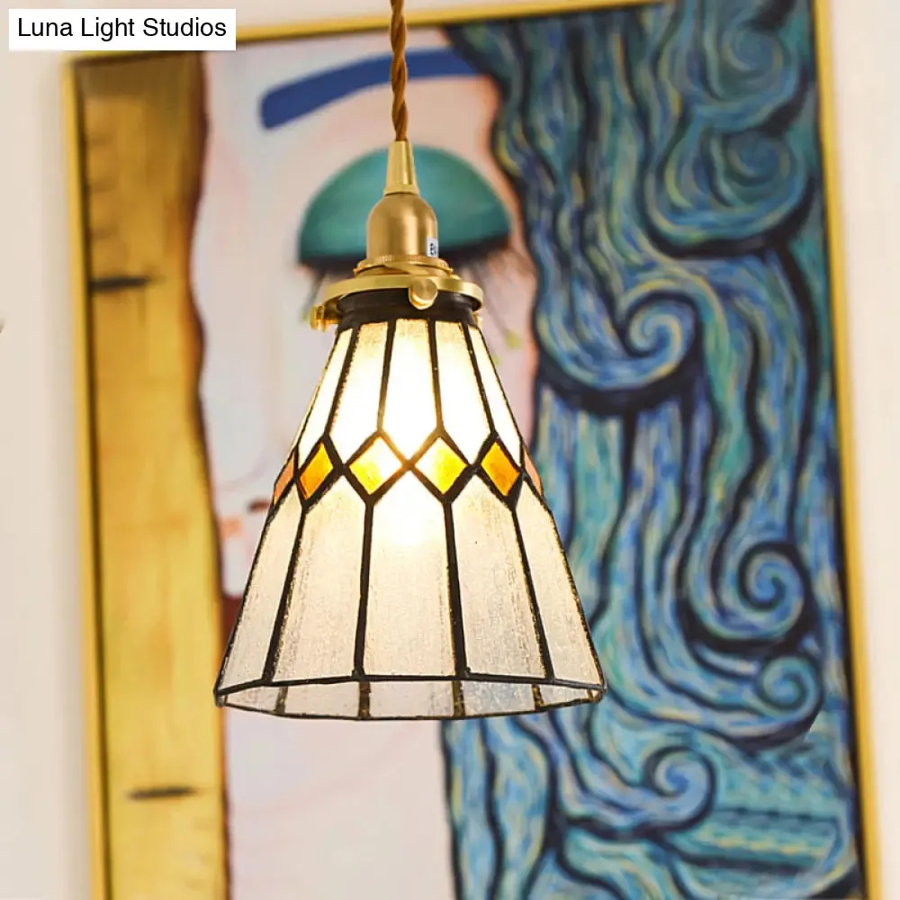 Tiffany Stained Glass Shade Mini Pendant Lamp with Brass Finish for Bedroom - 63" Hanging Wire Included