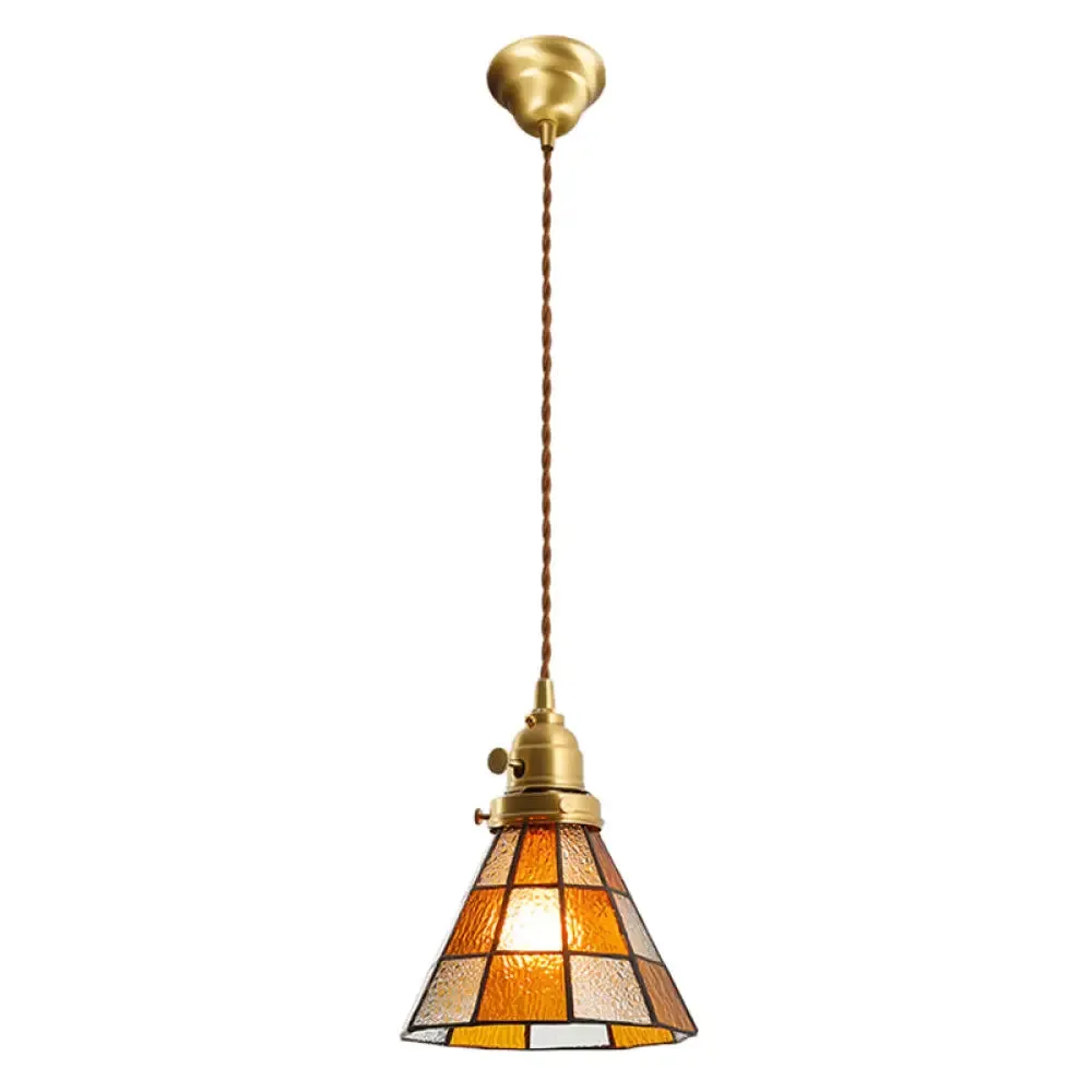 Tiffany Stained Glass Shade Mini Pendant Lamp with Brass Finish for Bedroom - 63" Hanging Wire Included