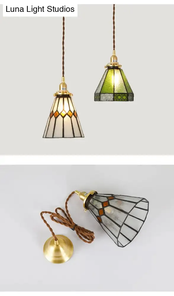 Tiffany Stained Glass Shade Mini Pendant Lamp with Brass Finish for Bedroom - 63" Hanging Wire Included