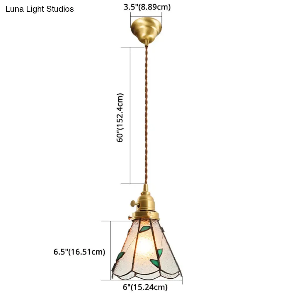 Tiffany Stained Glass Shade Mini Pendant Lamp with Brass Finish for Bedroom - 63" Hanging Wire Included