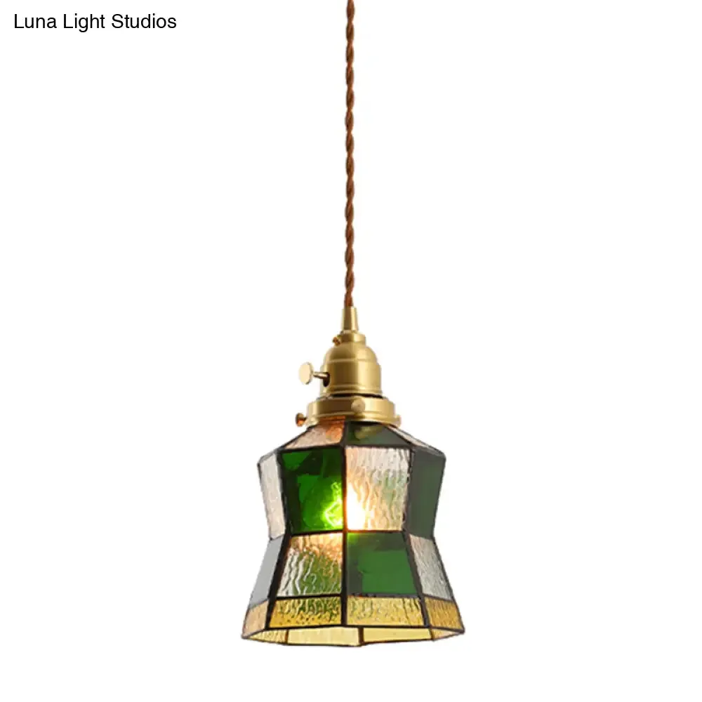 Tiffany Stained Glass Shade Mini Pendant Lamp with Brass Finish for Bedroom - 63" Hanging Wire Included