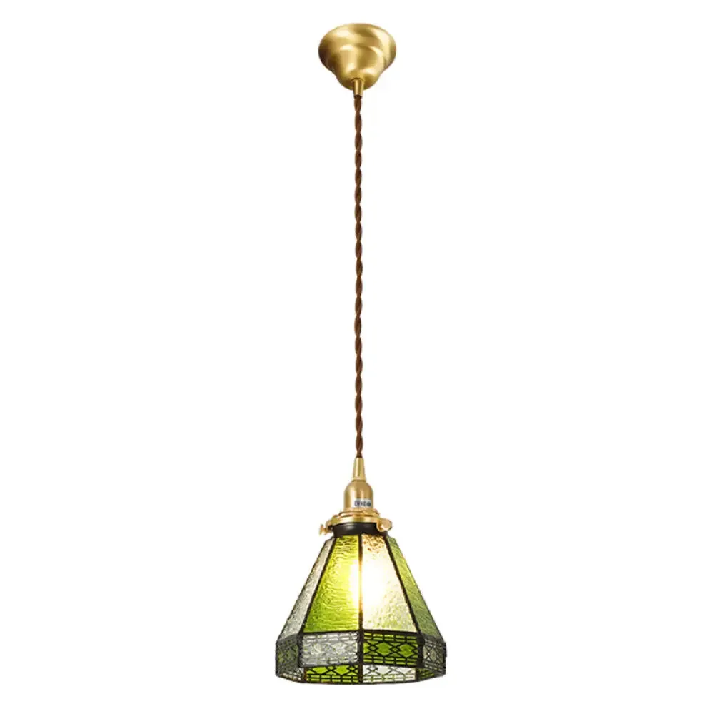 Tiffany Stained Glass Shade Mini Pendant Lamp with Brass Finish for Bedroom - 63" Hanging Wire Included