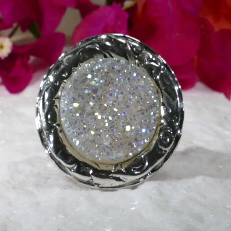 Unique White Agate Druzy Stone 925 Sterling Silver Adjustblr Statement Ring