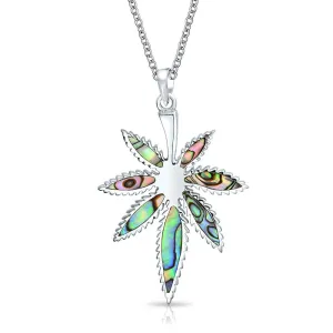 Unisex Rainbow Abalone Shell Marijuana Leaf Pendant Necklace with Silver Chain