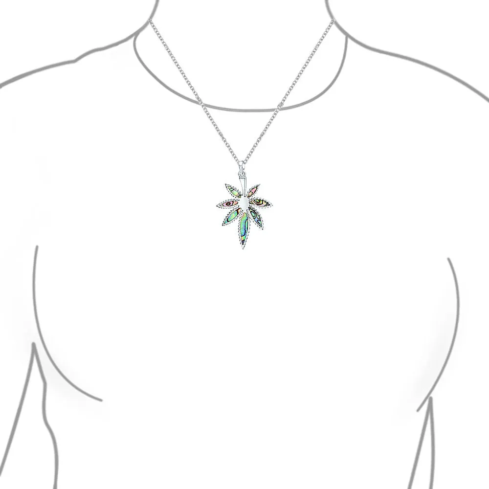 Unisex Rainbow Abalone Shell Marijuana Leaf Pendant Necklace with Silver Chain