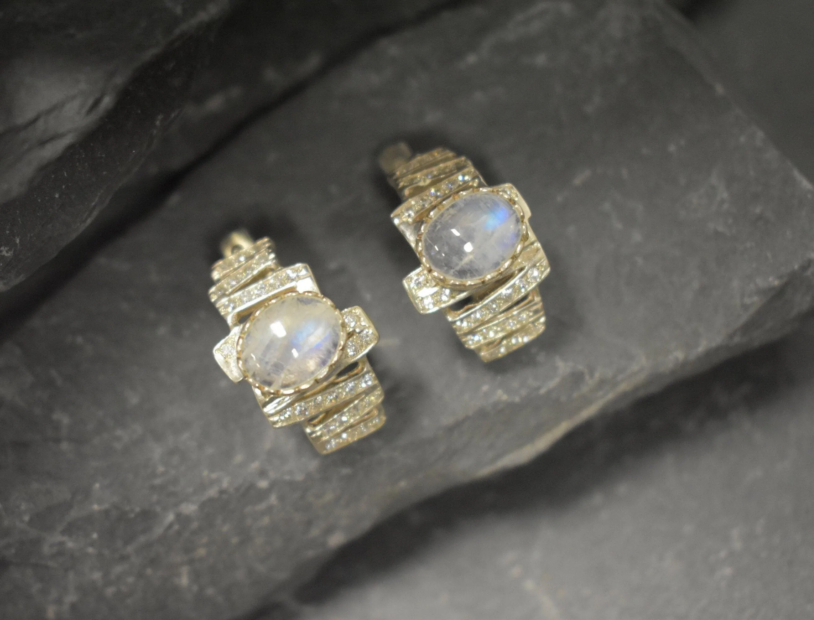 Vintage Moonstone Earrings - Genuine Moonstone Huggies - Antique Rainbow Moonstone Earrings