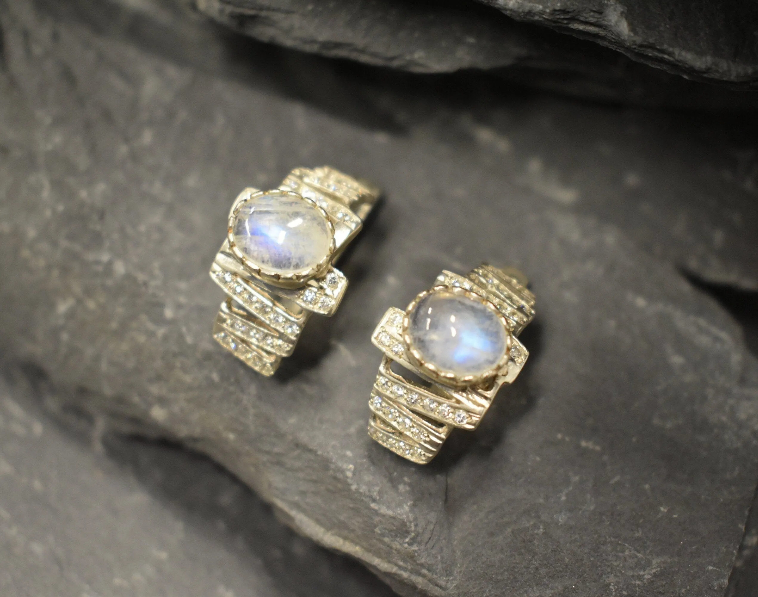 Vintage Moonstone Earrings - Genuine Moonstone Huggies - Antique Rainbow Moonstone Earrings