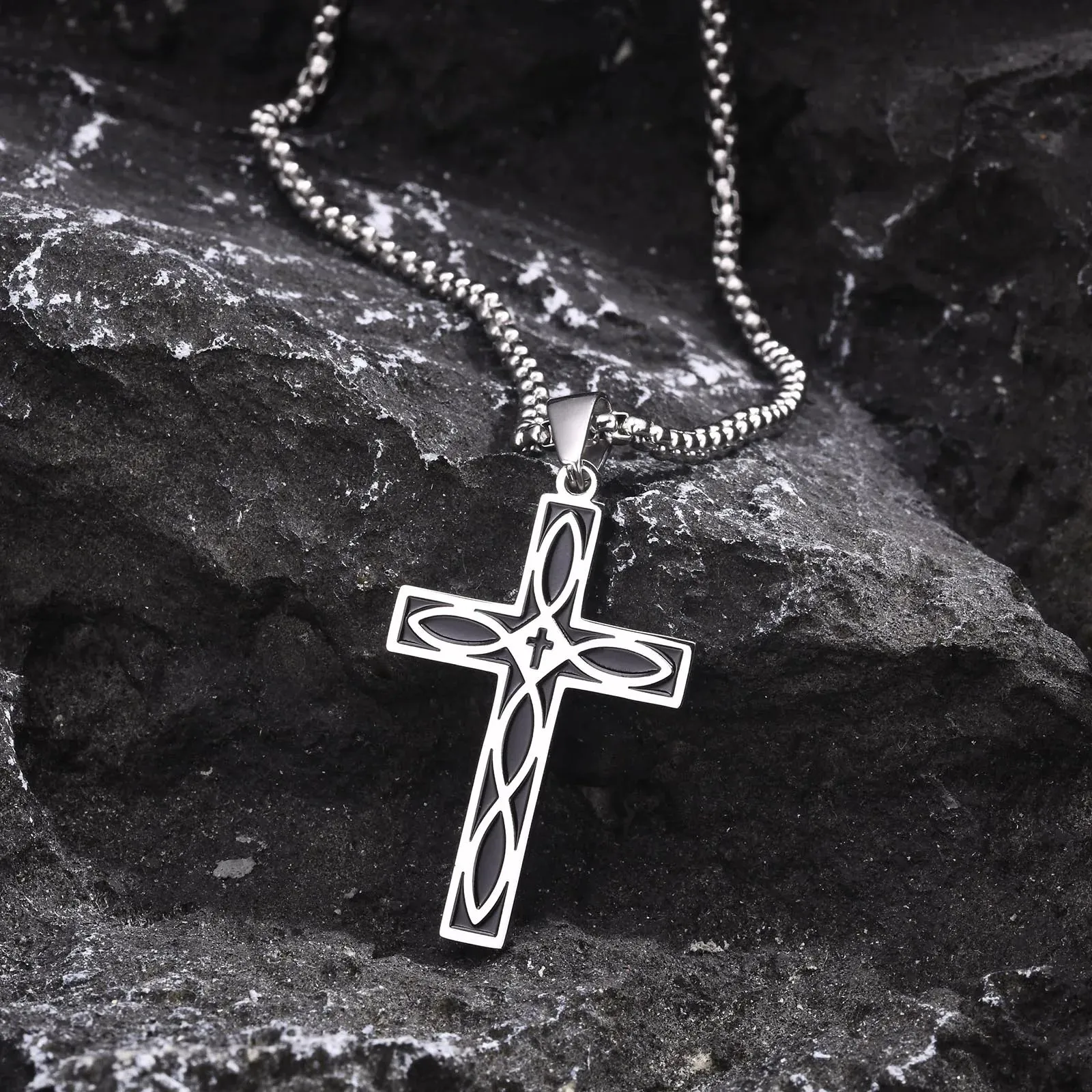 Vnox Cross Celtic Knot Necklaces for Men Women, Black Viking Pendant, Christ Prayer Faith Jewelry Collar with Box Chain