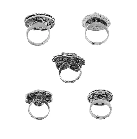 Yellow Chimes Rings for Women and Girls Traditional Oxidised Silver Rings for Women | Silver Oxidised Plated Combo of 5 Pcs Adjustable Rings | Birthday Gift For Girls & Women Anniversary Gift for Wife